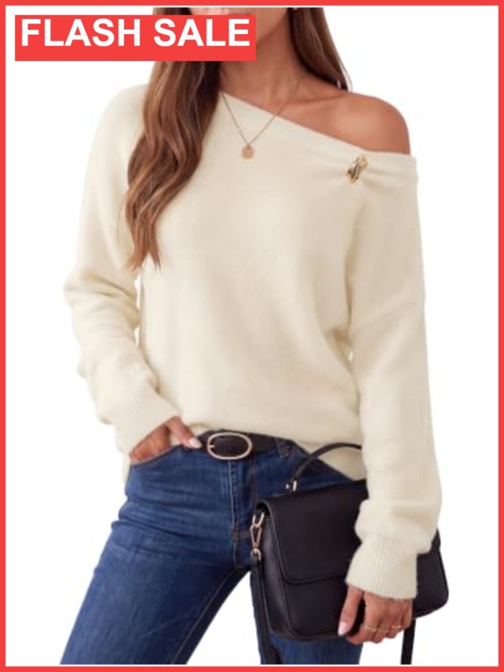 Womens Off Shoulder Sweater Long Sleeve Loose Knit Pullover